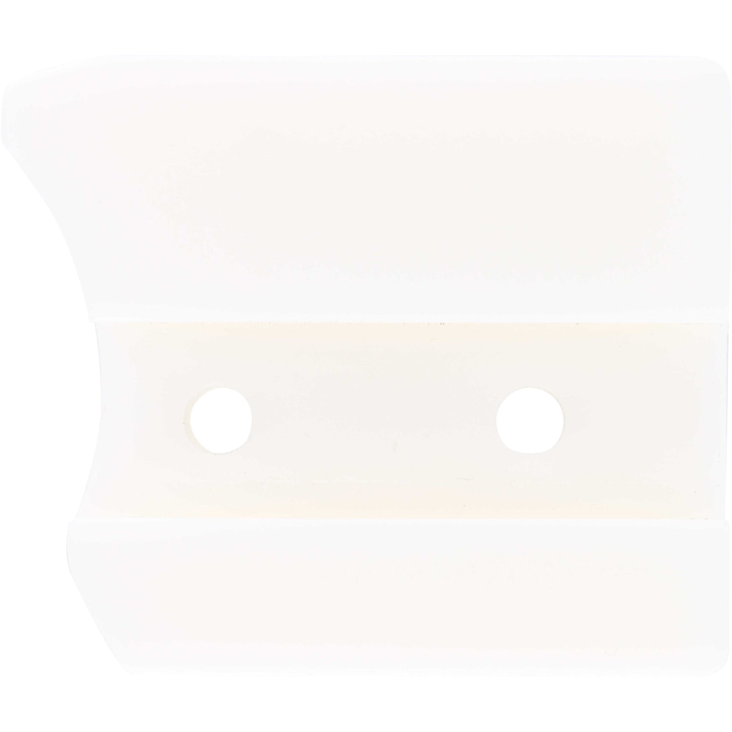 White plastic block with rounded edges and two through holes shown on white background. 