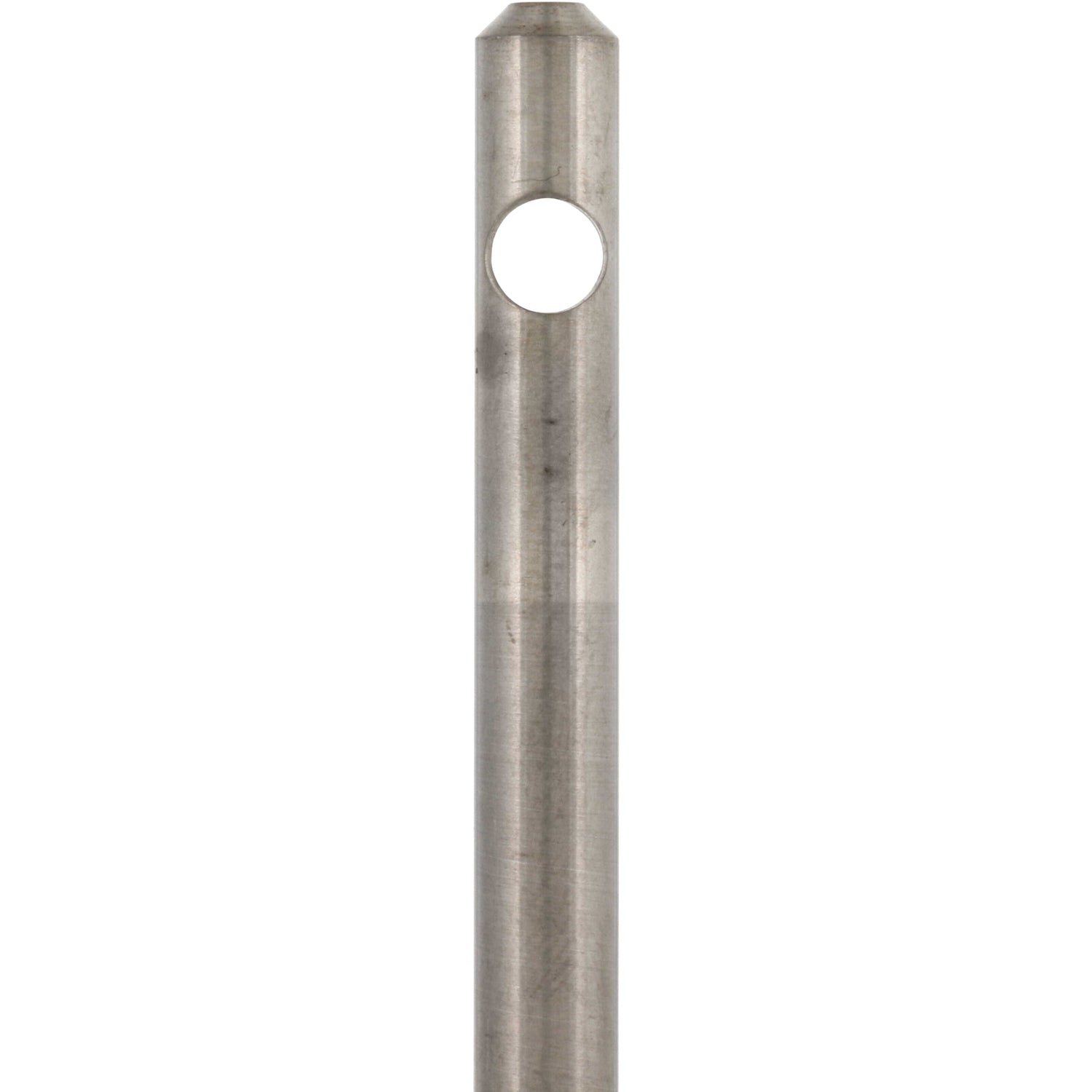 Stainless steel rod with through hole on white background. 