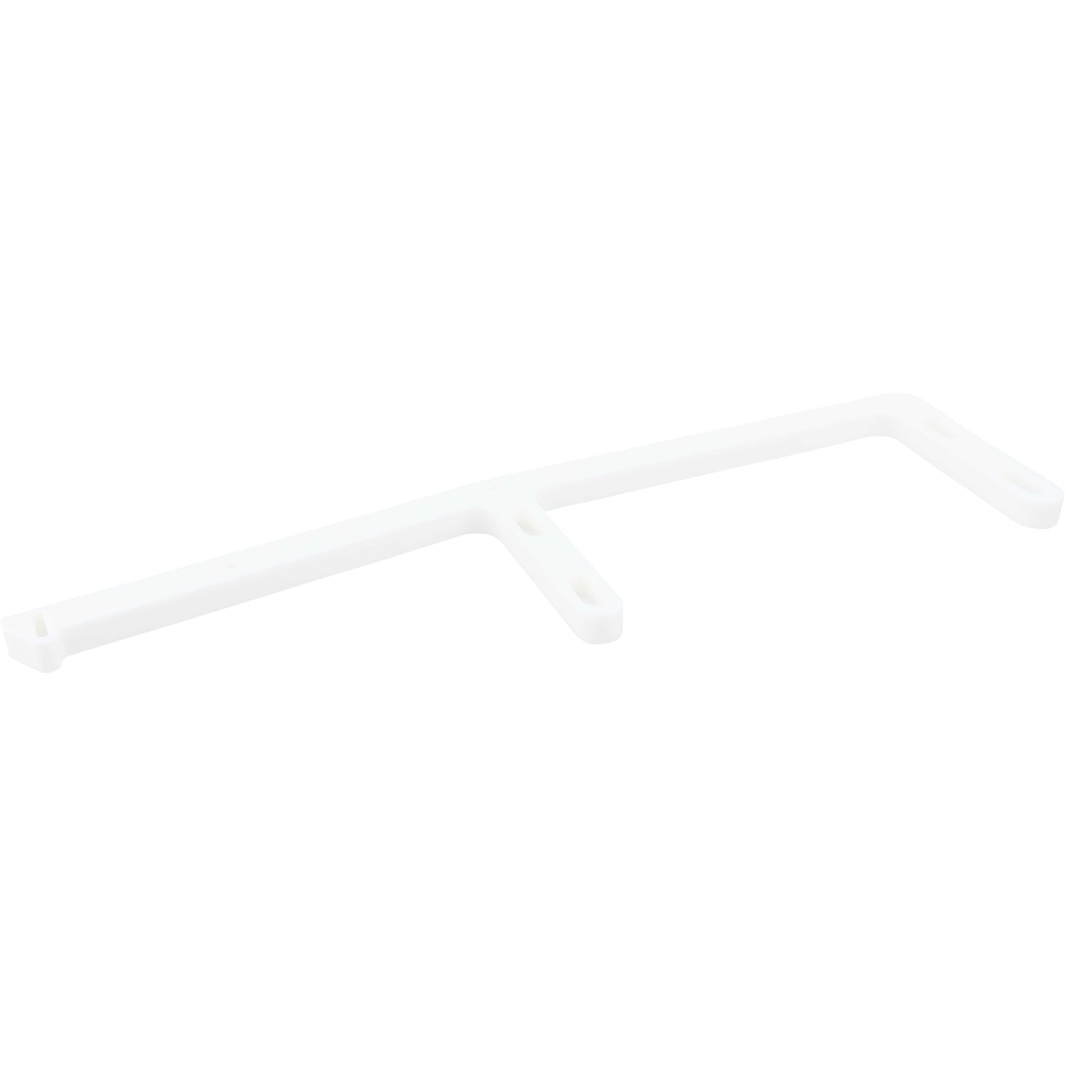 Machined white HDPE rail with holes used for mounting. Shown on white background.