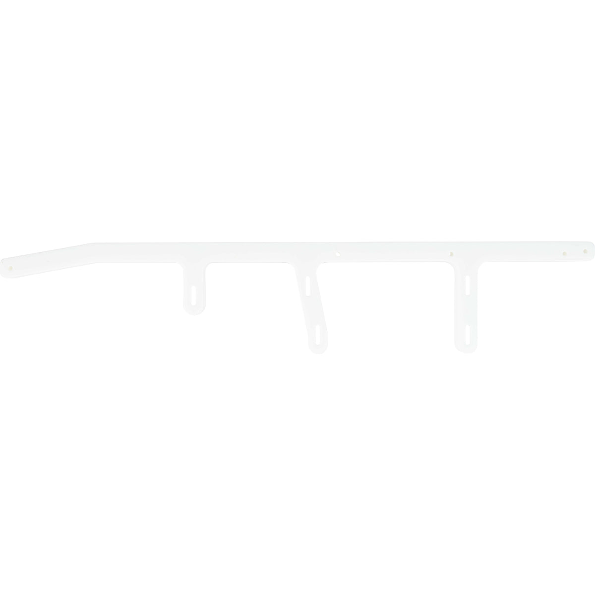 Machined white HDPE rail with holes used for mounting. Shown on white background.