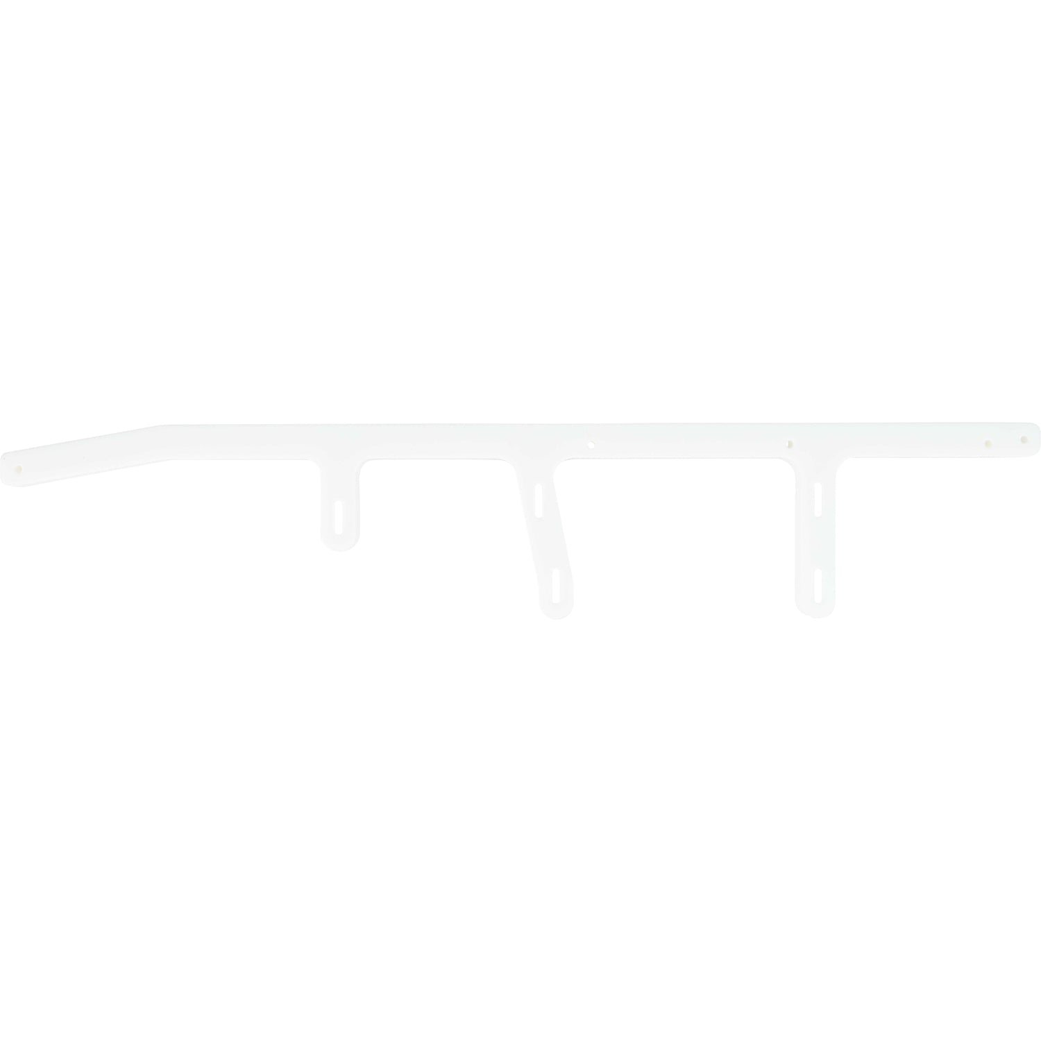 Machined white HDPE rail with holes used for mounting. Shown on white background.