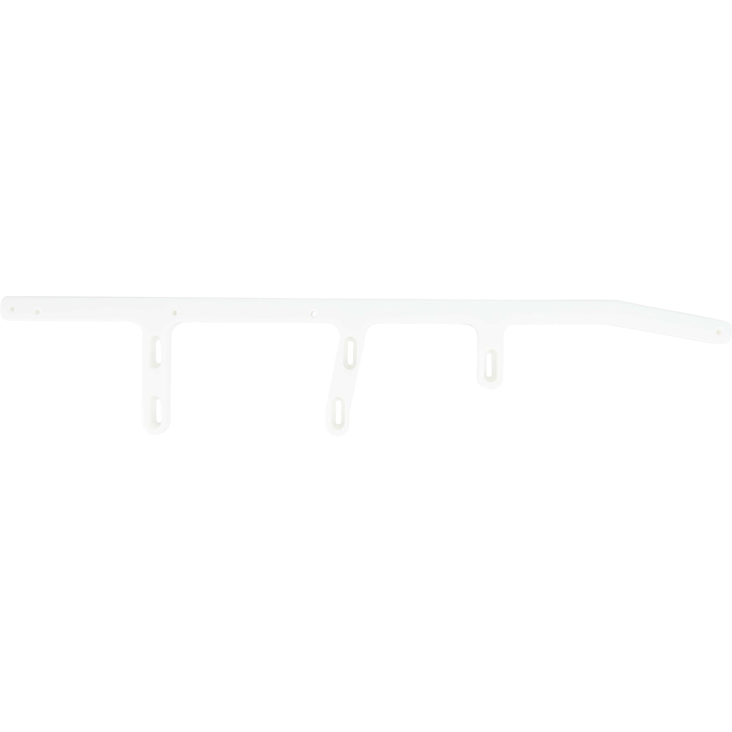 Machined white HDPE rail with holes used for mounting. Shown on white background.