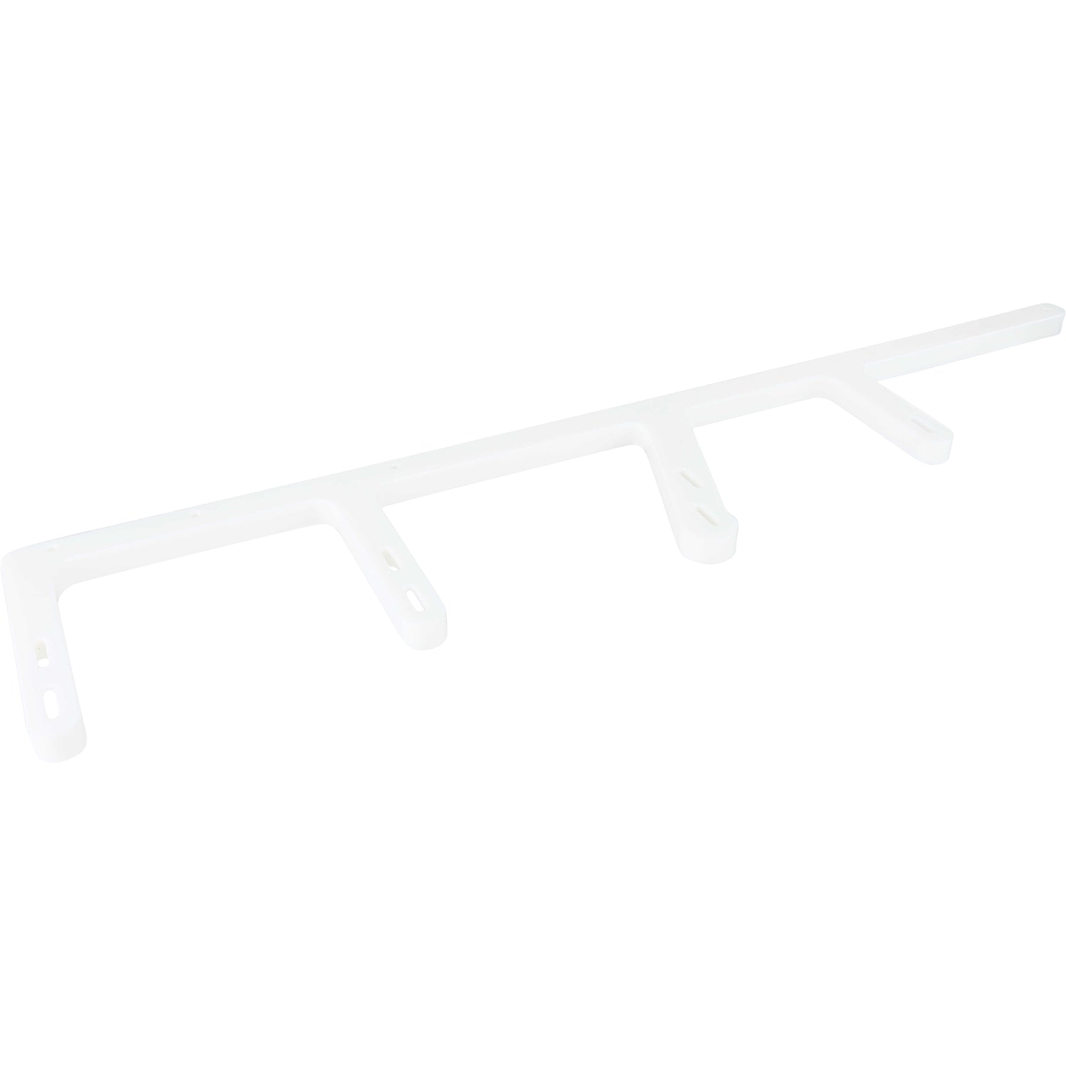 Machined white HDPE rail with holes used for mounting. Shown on white background.