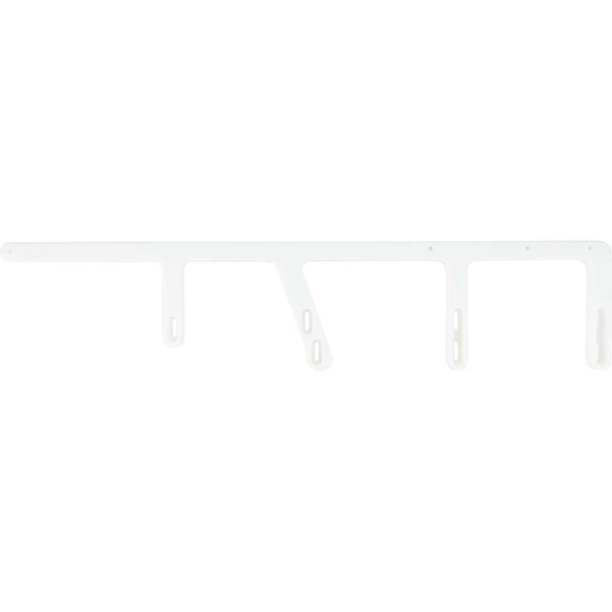 Machined white HDPE rail with holes used for mounting. Shown on white background.