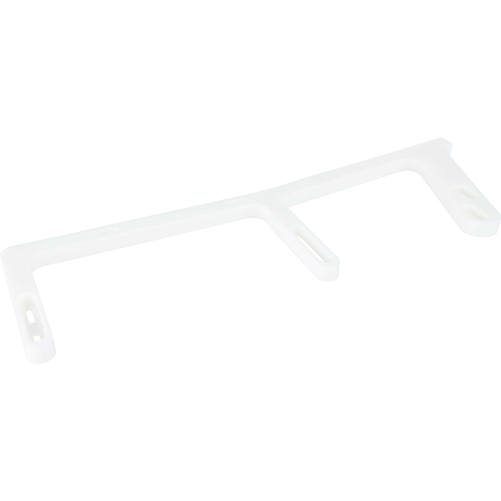 Machined white HDPE rail with three posts and holes used for mounting. Shown on white background. 