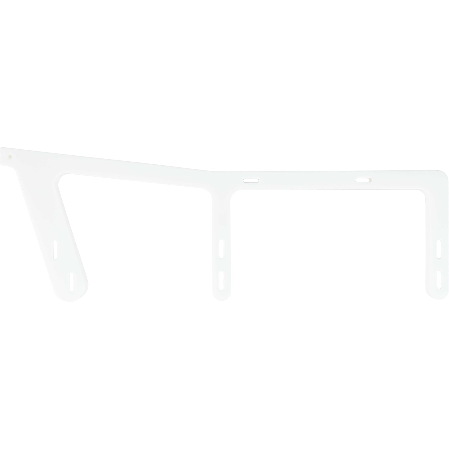 Machined white HDPE rail with three posts and holes used for mounting. Shown on white background.