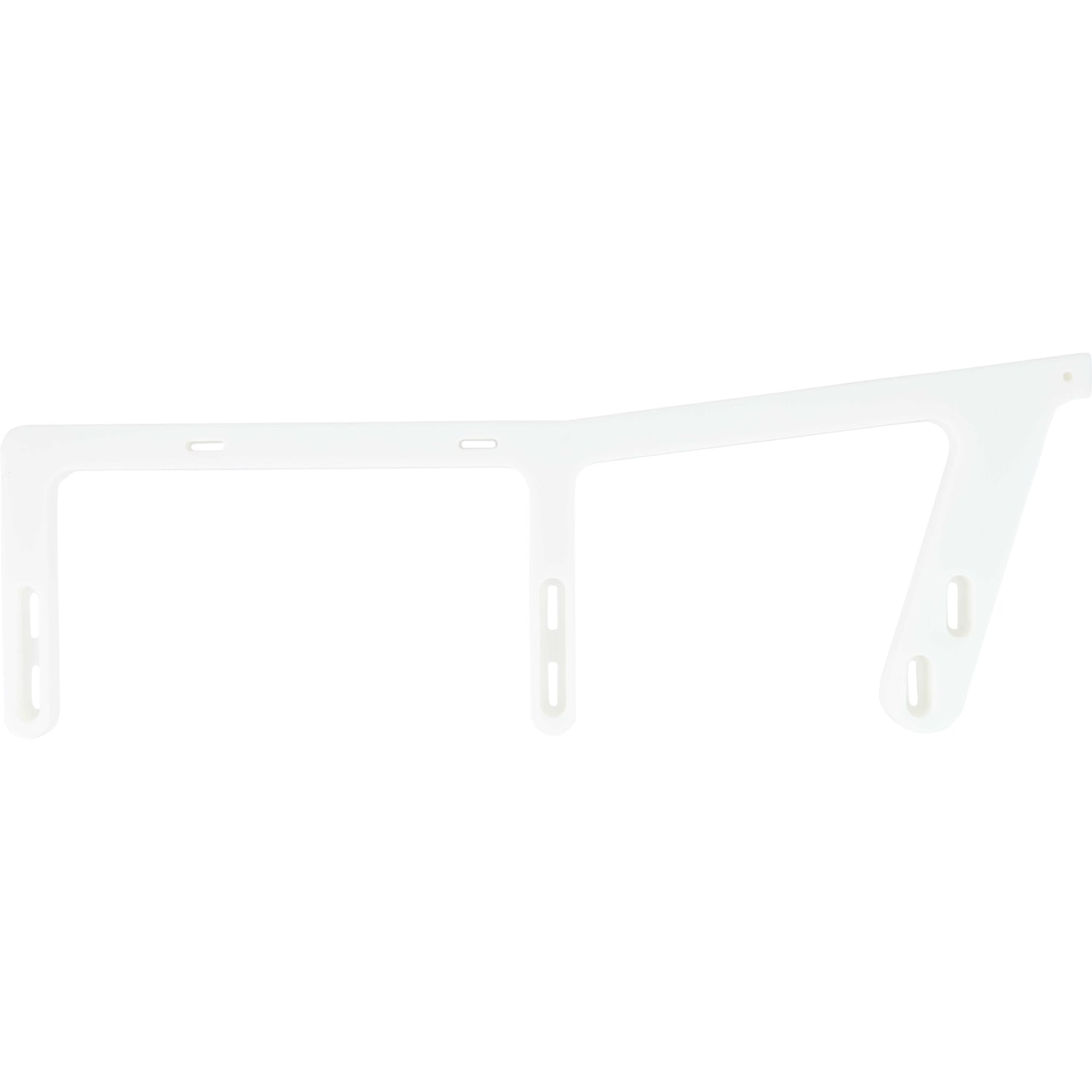Machined white HDPE rail with three posts and holes used for mounting. Shown on white background.