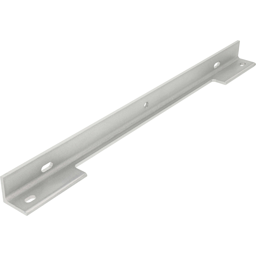 Grey hard anodized aluminum with 90 degree bend and multiple slotted mounting holes shown on white background. 