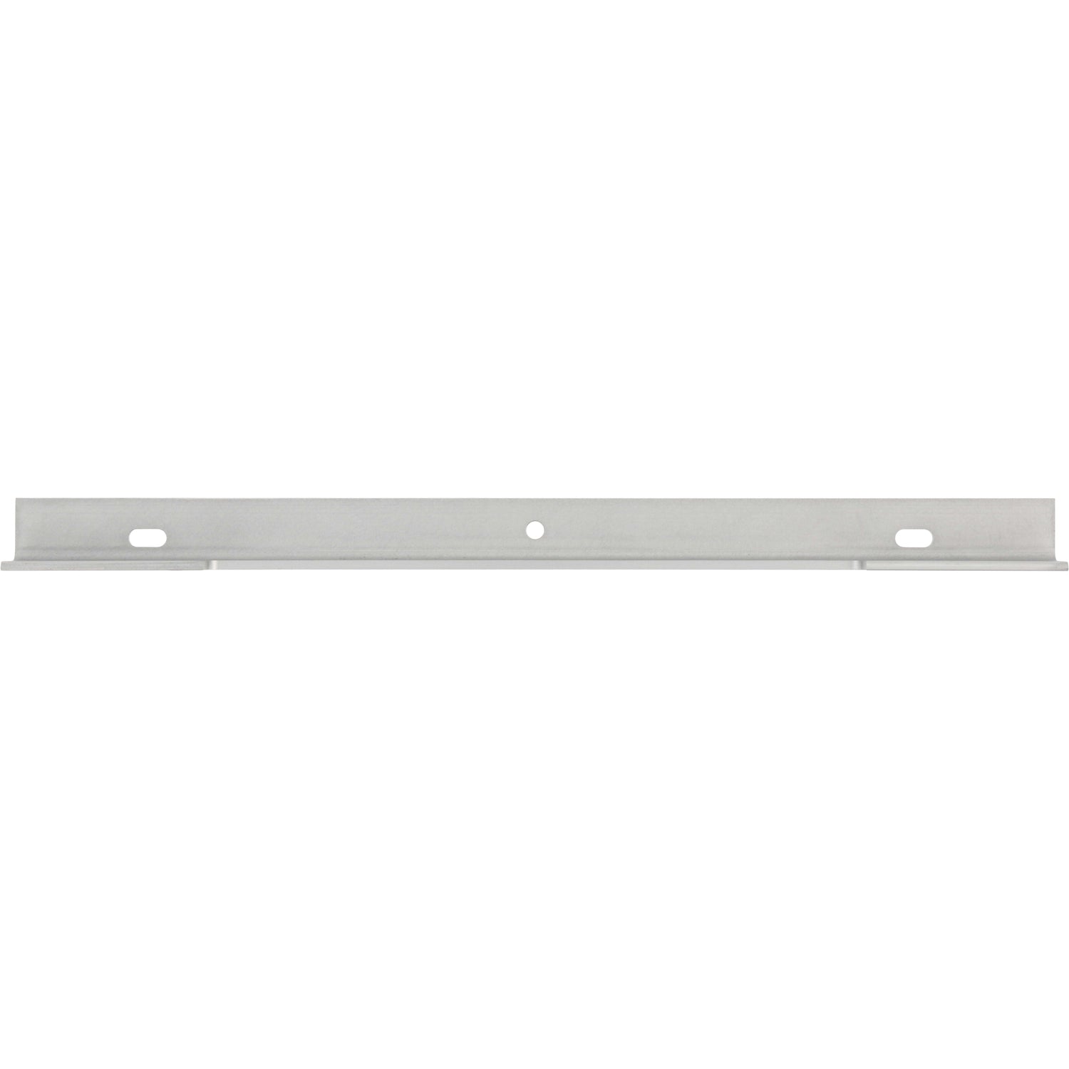 Grey hard anodized aluminum with 90 degree bend and multiple slotted mounting holes shown on white background. 
