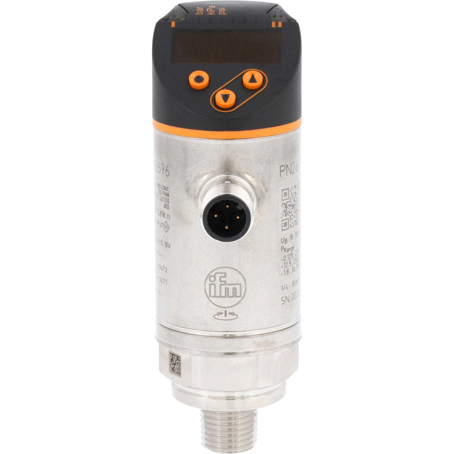 Stainless steel pressure sensor with black and orange plastic top with digital display. Black and orange push buttons and a four pin male connector on the side. This part is shown on a white background. 