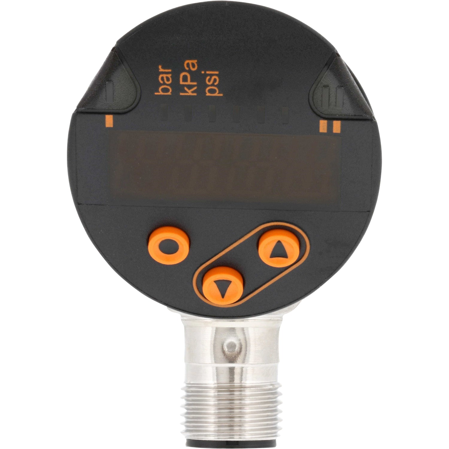 Stainless steel pressure sensor with black and orange plastic top with digital display. Black and orange push buttons and a four pin male connector on the side. This part is shown on a white background.