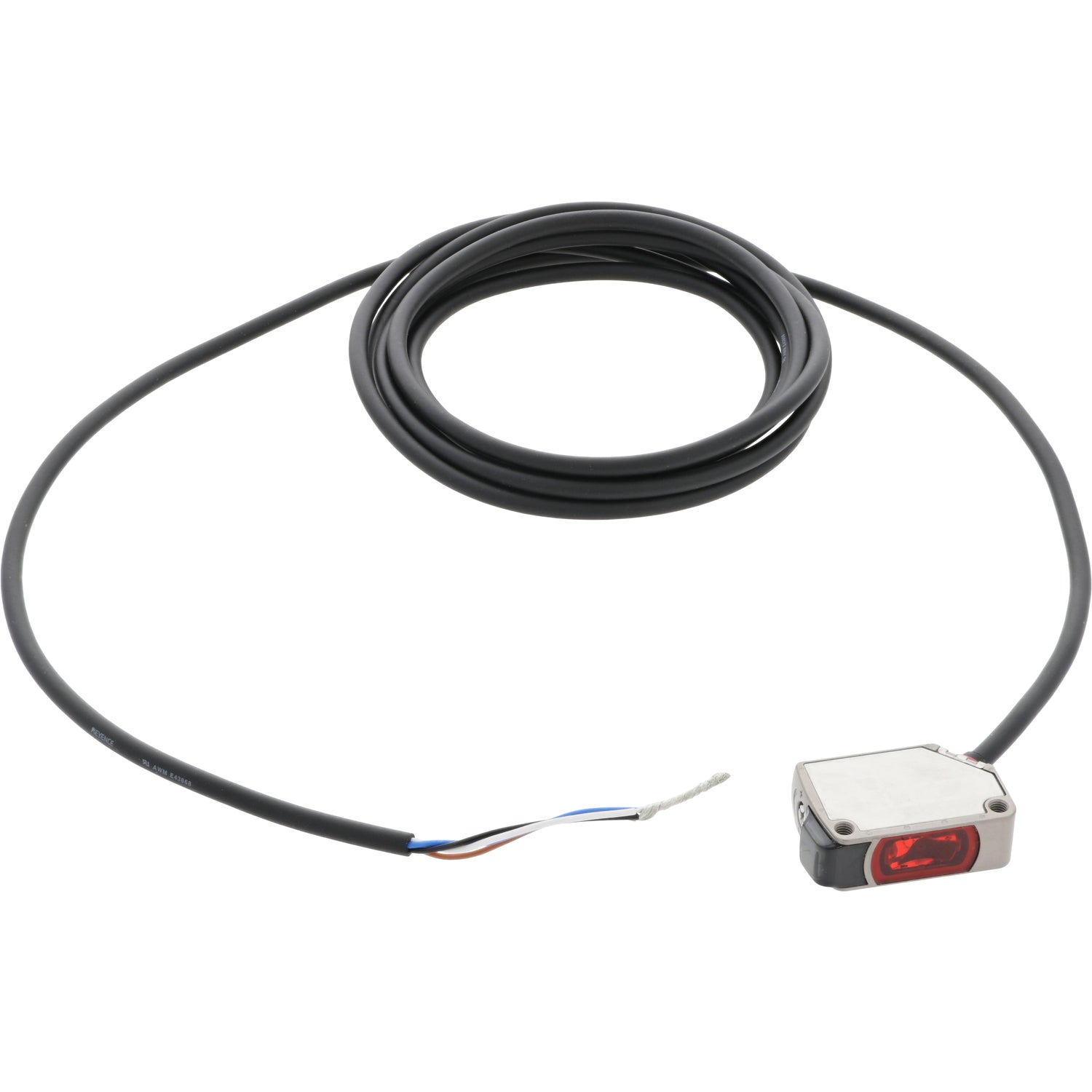 Coiled black sensor cable with four exposed wires on one end and a grey, rectangular, reflection sensor on the other end. Shown on white background. PR-G51P