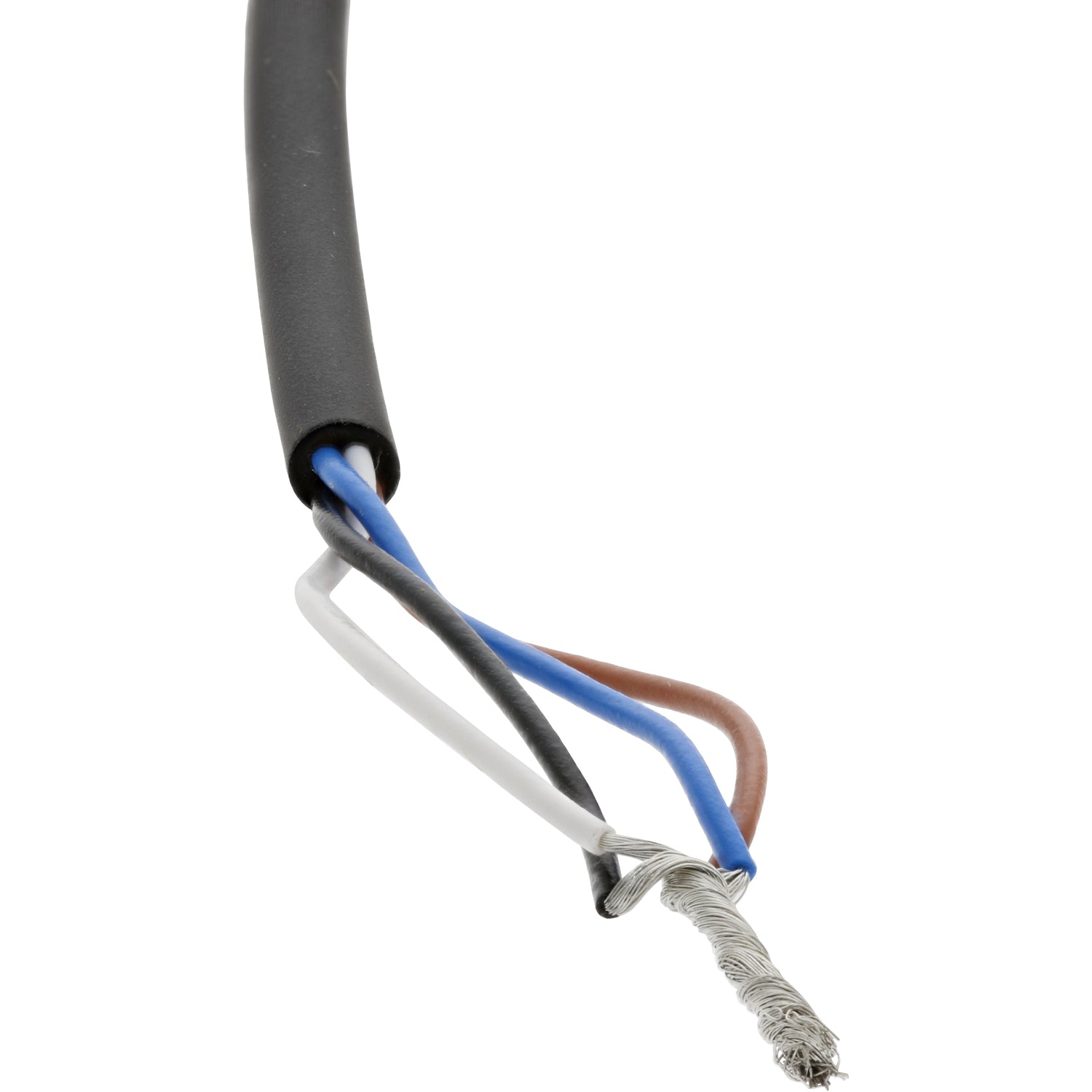 Black sensor cable with exposed blue, black, brown and white wires on a white background. i