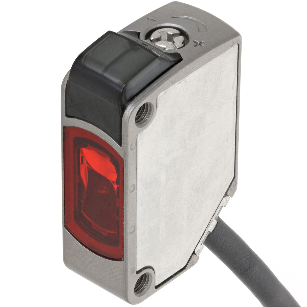 Grey, rectangular, reflection sensor with red lens, black cap and stainless steel adjustment dial on white background. PR-G51P