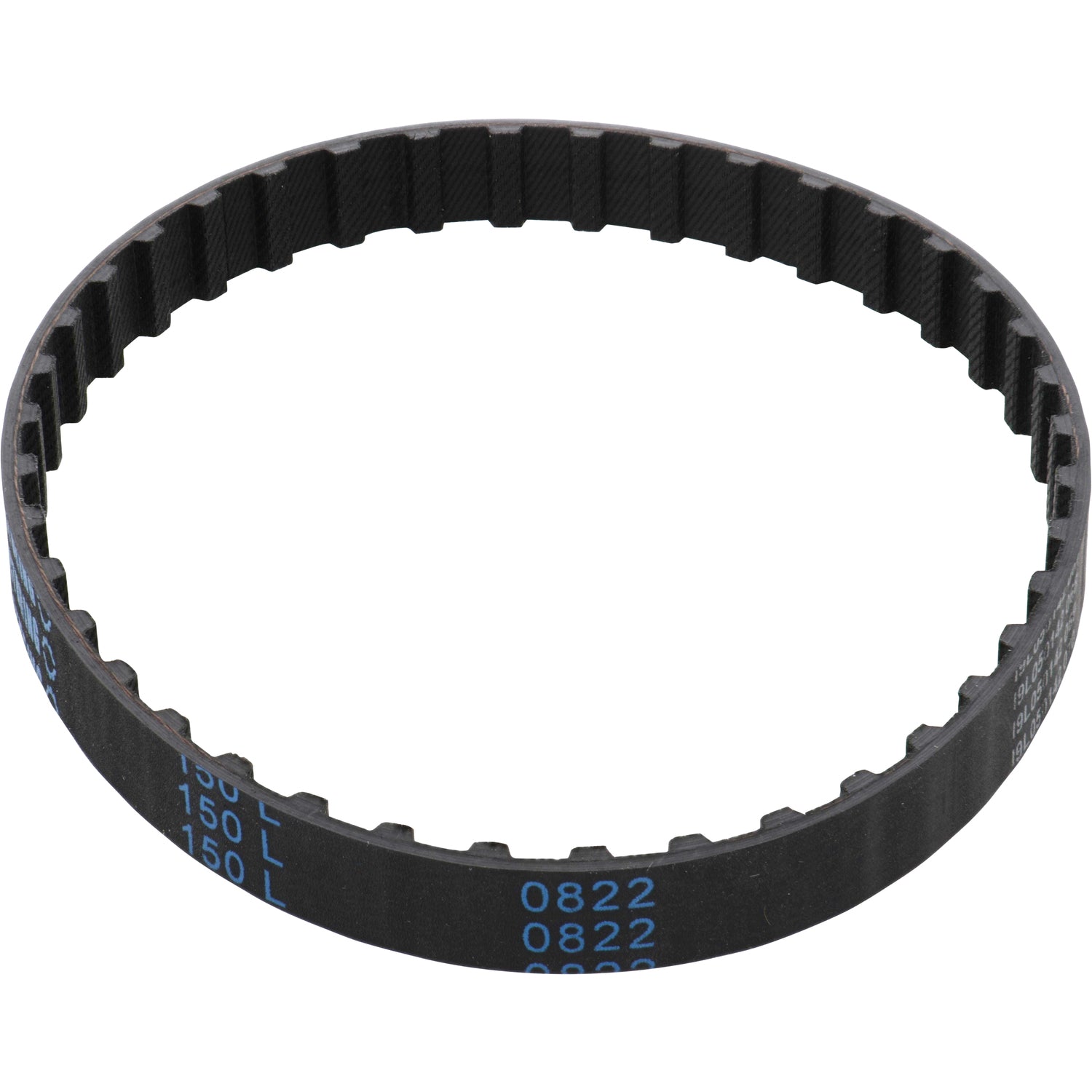 Black, 40 tooth neoprene timing belt on white background. 150L050G