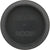 Low profile black plastic disk shaped plug on white background. 