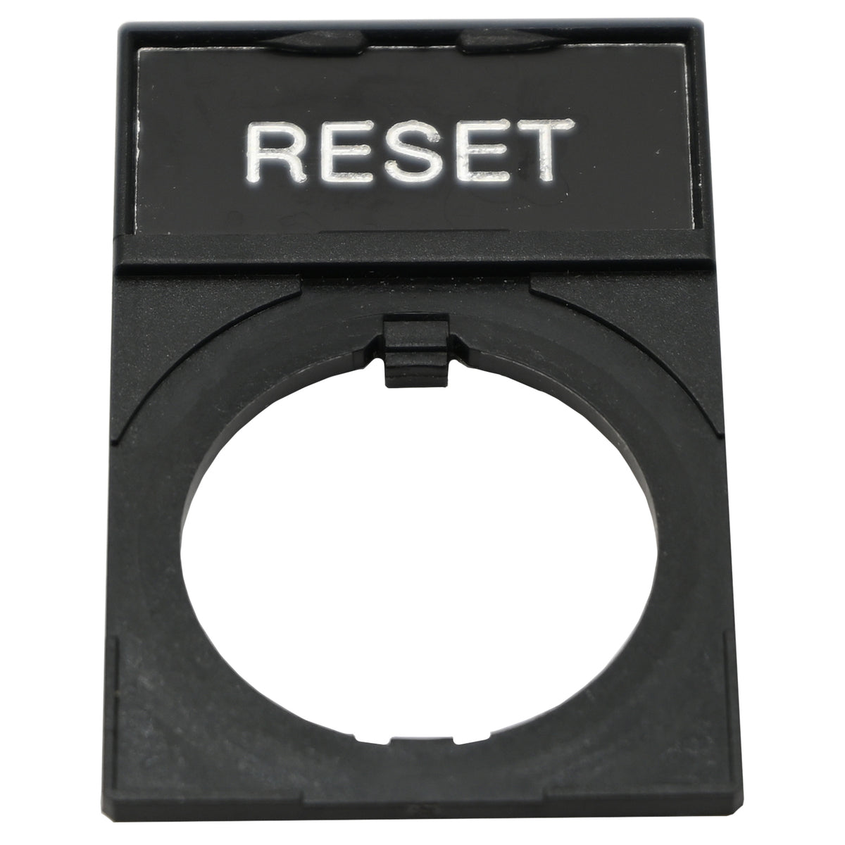 Black rectangular plastic nameplate with white text that reads &quot;RESET&quot;. The part has a hole cut into it and is shown on a white background.