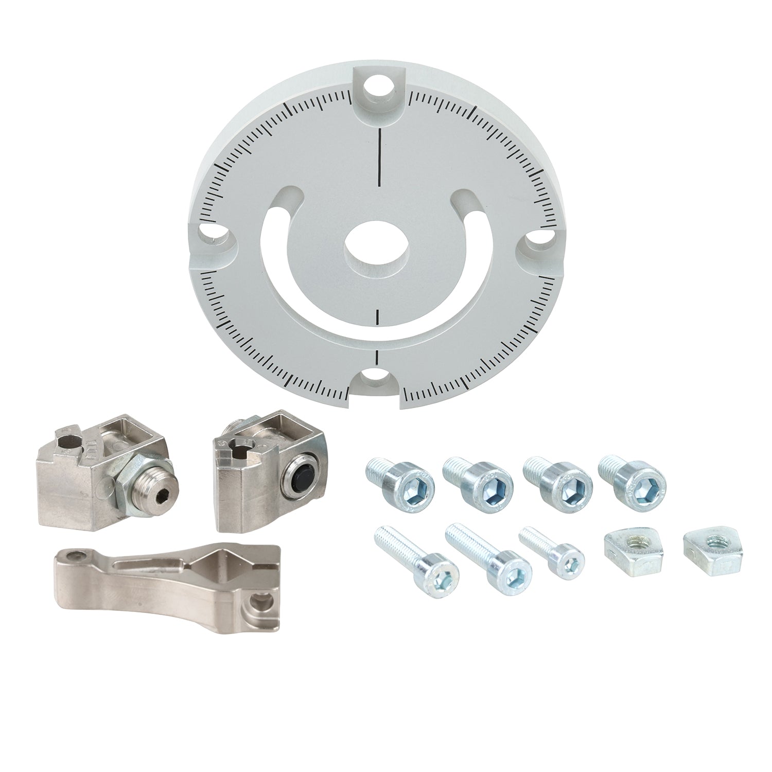 Aluminum disk shaped part with mounting holes and tic marks around the face of the part. Mounting fasteners, threaded stops and stop lever are shown separately. All parts shown on white background.