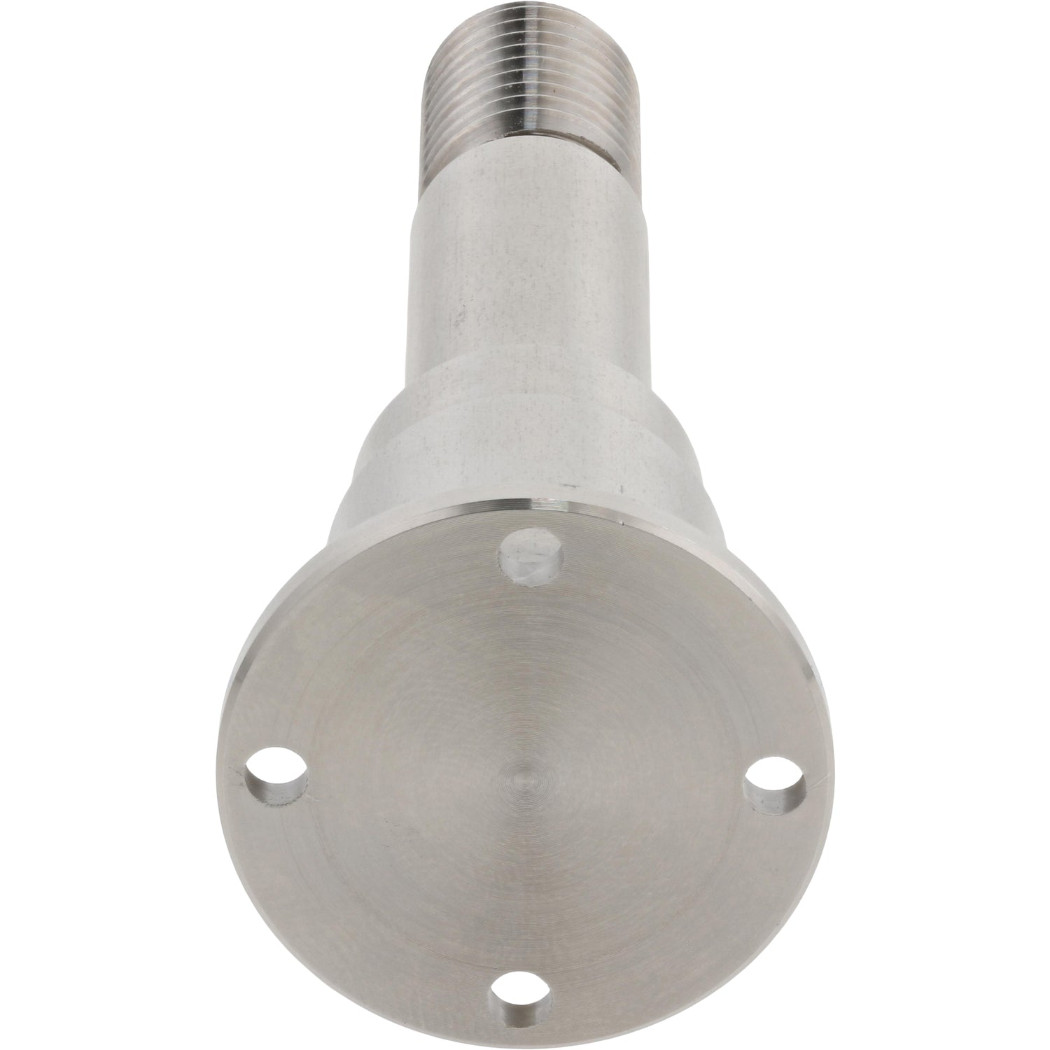 Stainless steel pivot shaft with threaded end on white background. 