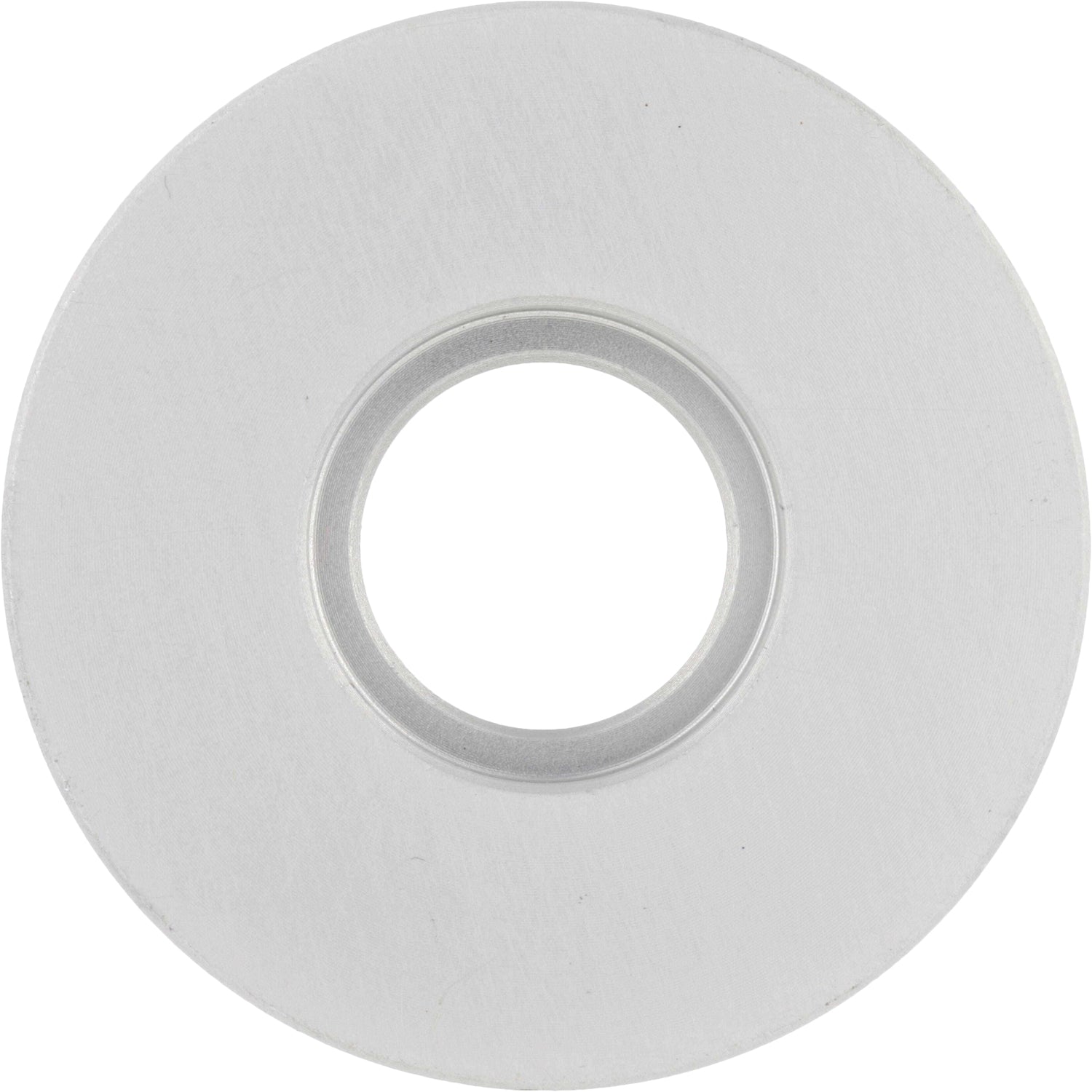 Two tiered hard anodized aluminum disk spacer for swing arms on white background. 