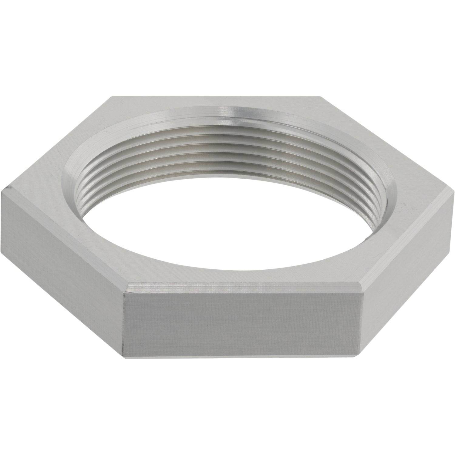 Hexagonal hard anodized aluminum nut with large threaded center hole. Part shown on white background. 