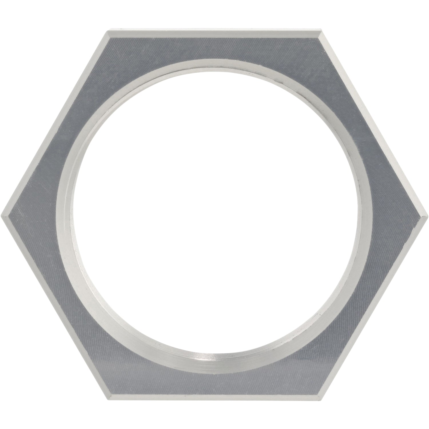 Hexagonal hard anodized aluminum nut with large threaded center hole. Part shown on white background. 