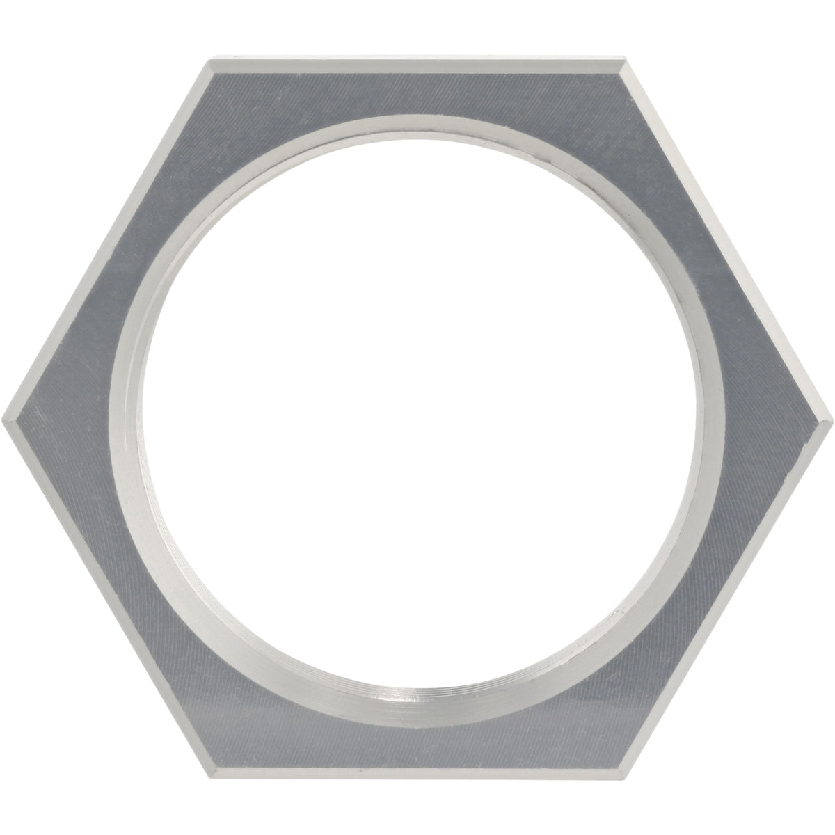 Hexagonal hard anodized aluminum nut with large threaded center hole. Part shown on white background. 