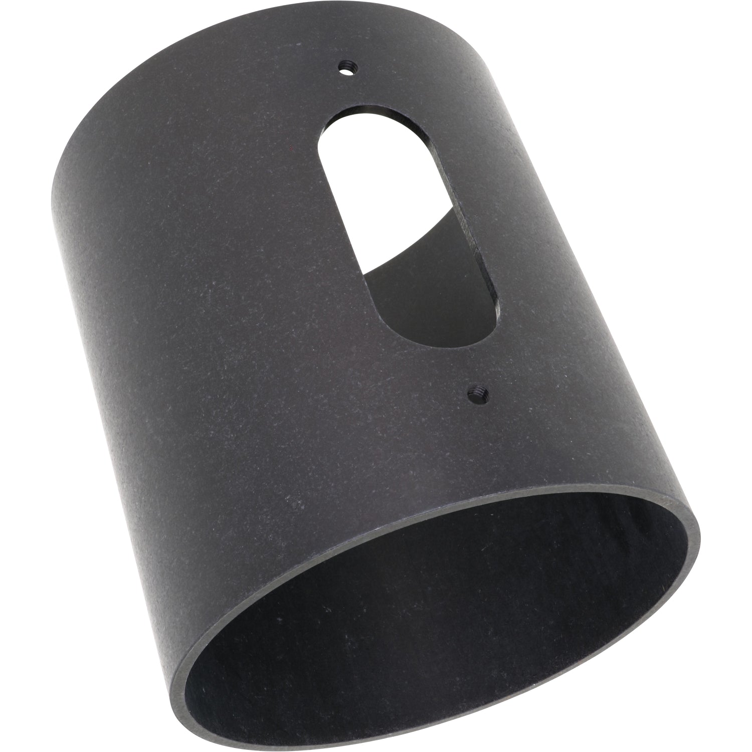 Cylindrical black anodized aluminum part with oval window on side. Part shown on white background. 