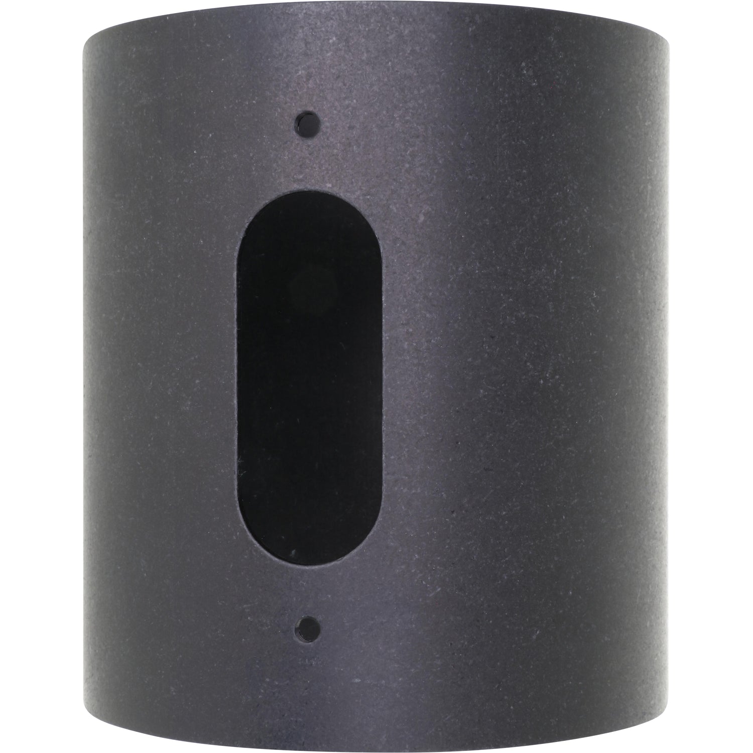 Cylindrical black anodized aluminum part with oval window on side. Part shown on white background. 