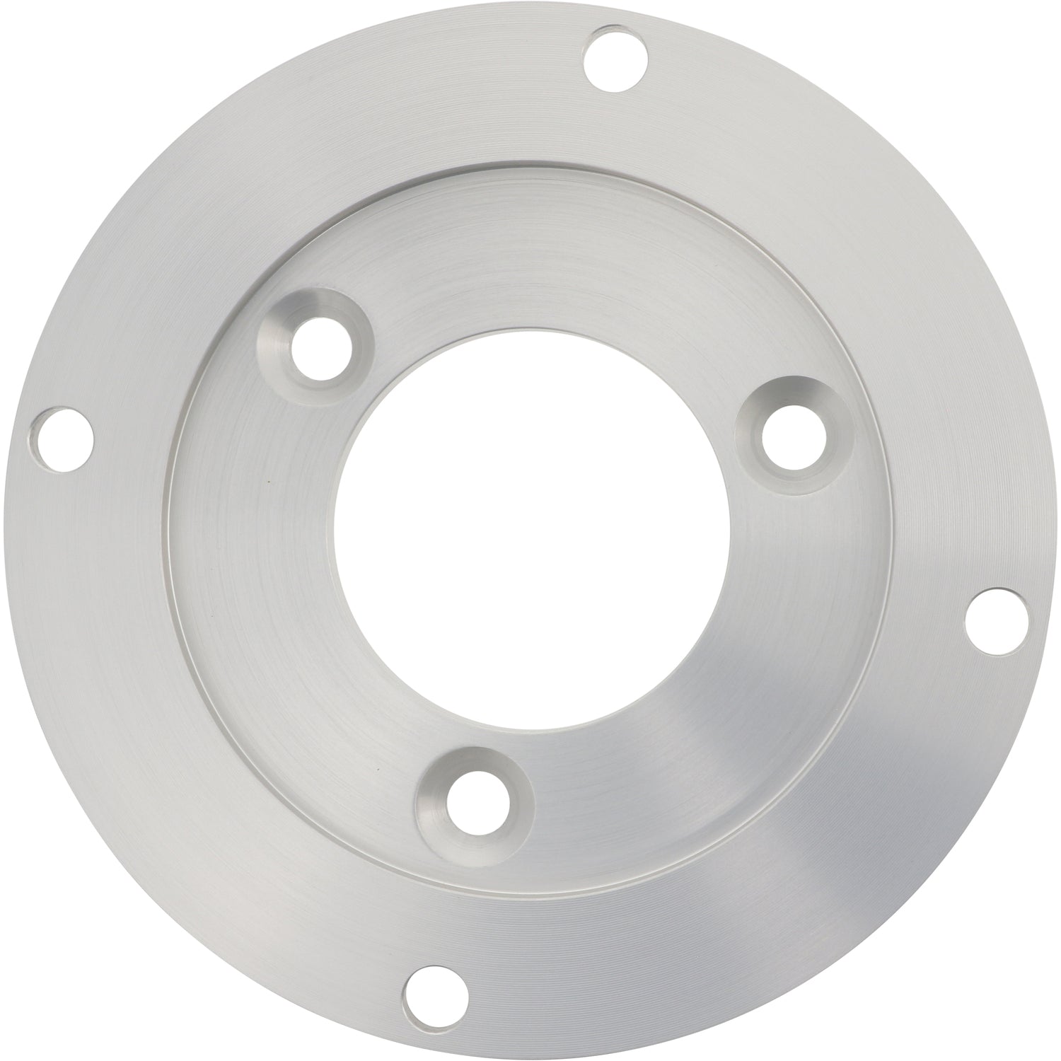 Disk shaped aluminum part with large center hole and multiple smaller mounting holes shown on white surface.