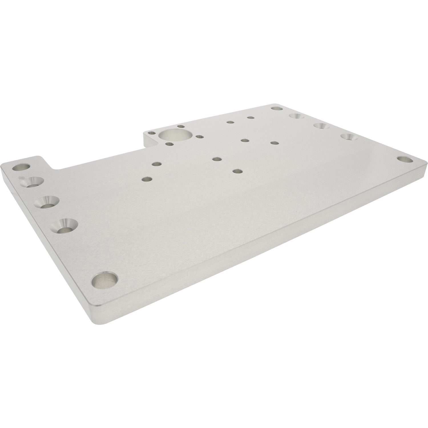 Machined hard anodized aluminum plate with multiple mounting holes. Part shown on white background. 