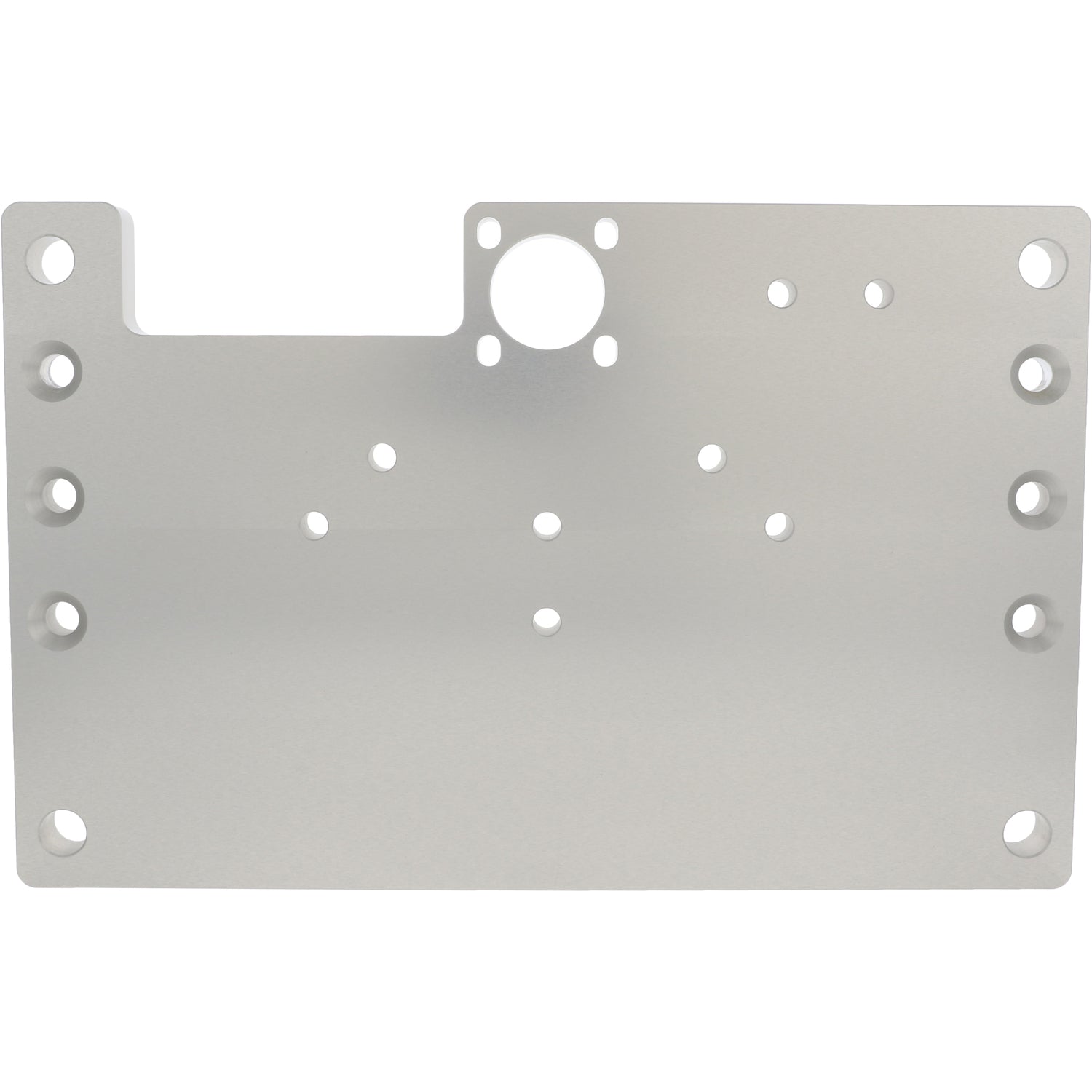 Machined hard anodized aluminum plate with multiple mounting holes. Part shown on white background. 