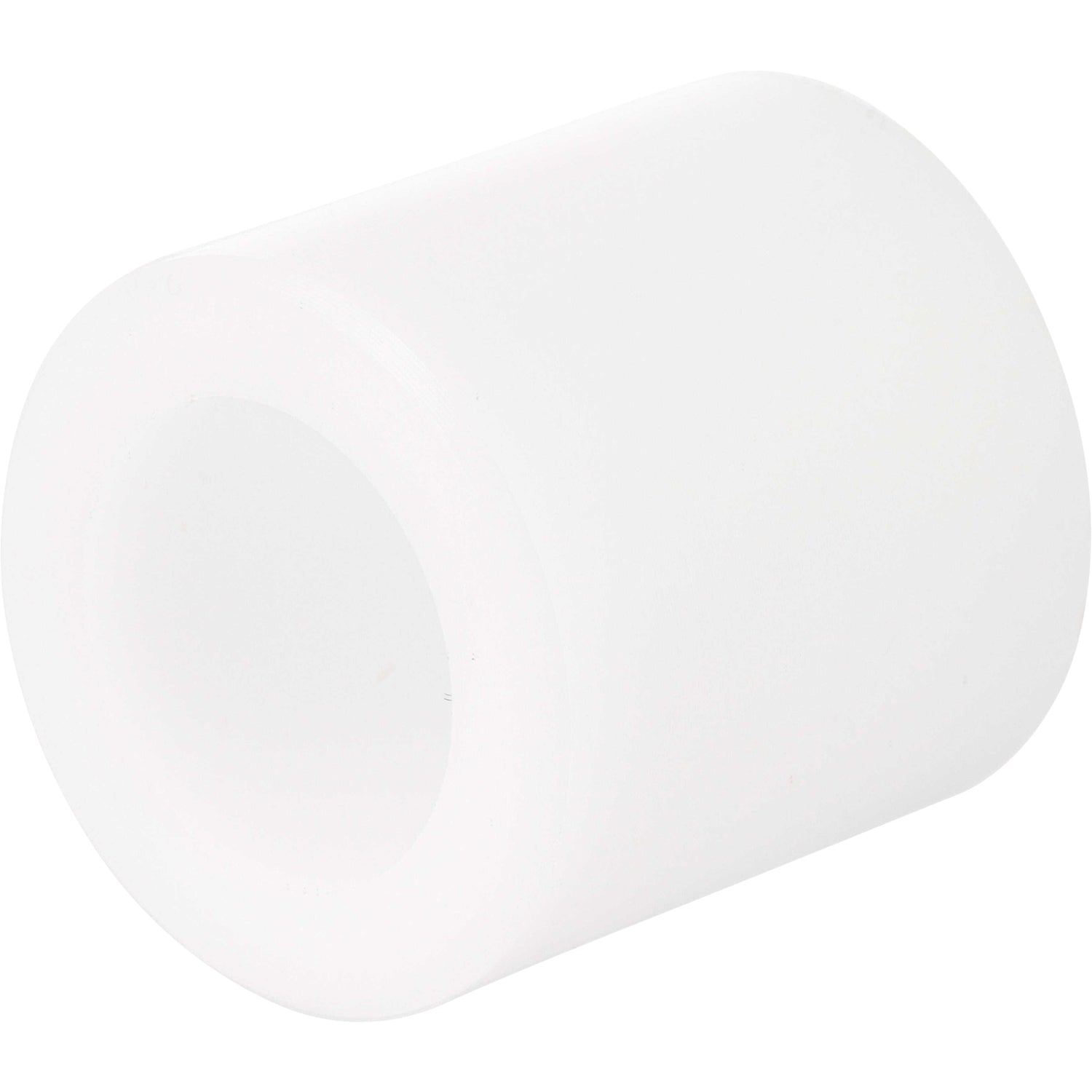 Cylindrical white plastic part with through hole on white background. 