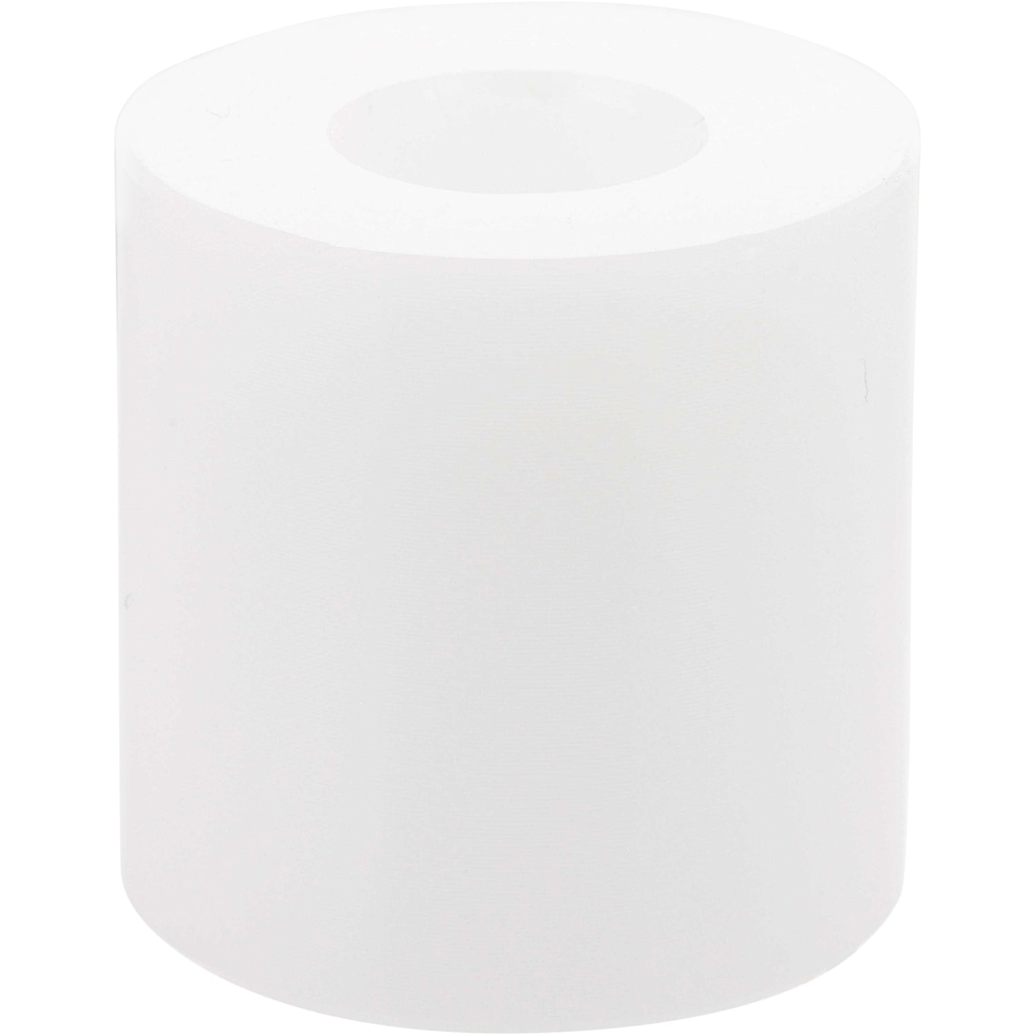 Cylindrical white plastic part with through hole on white background.