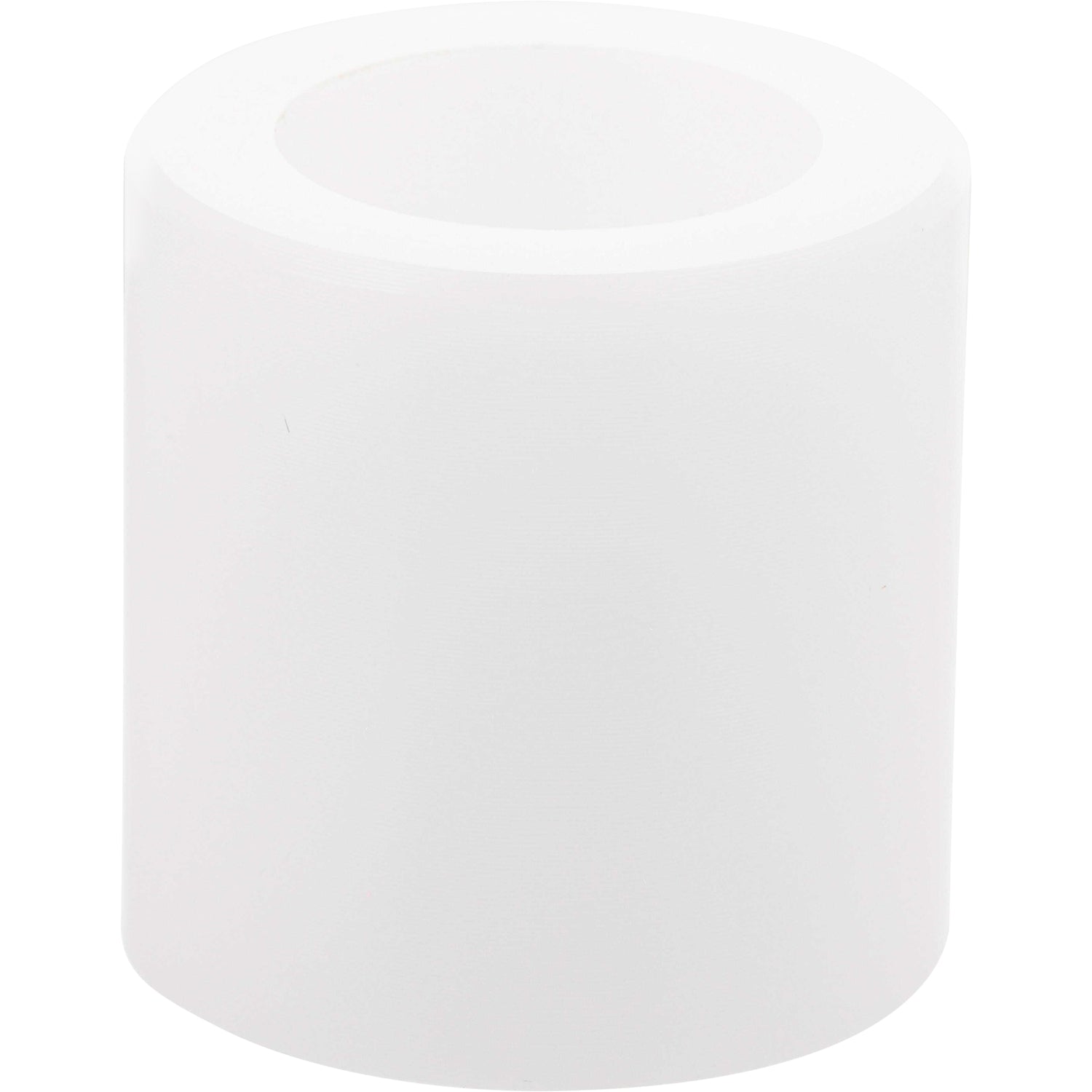 Cylindrical white plastic part with through hole on white background.