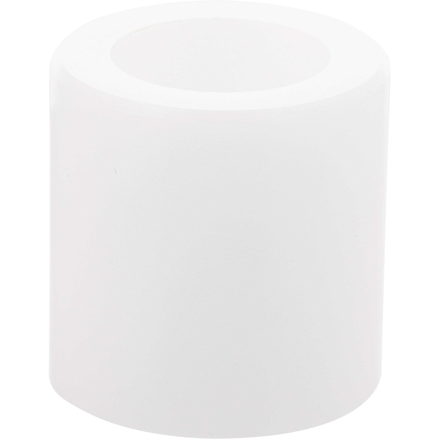 Cylindrical white plastic part with through hole on white background.
