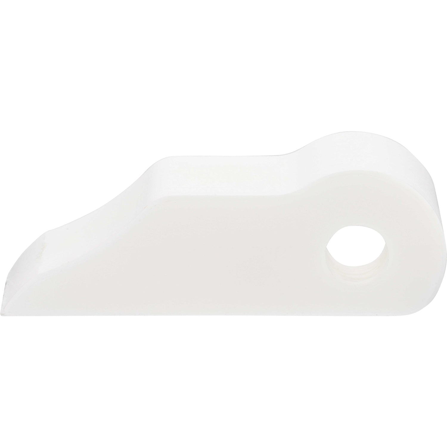 White plastic machined part with rounded edges and a through hole used for mounting. Part shown on white background.