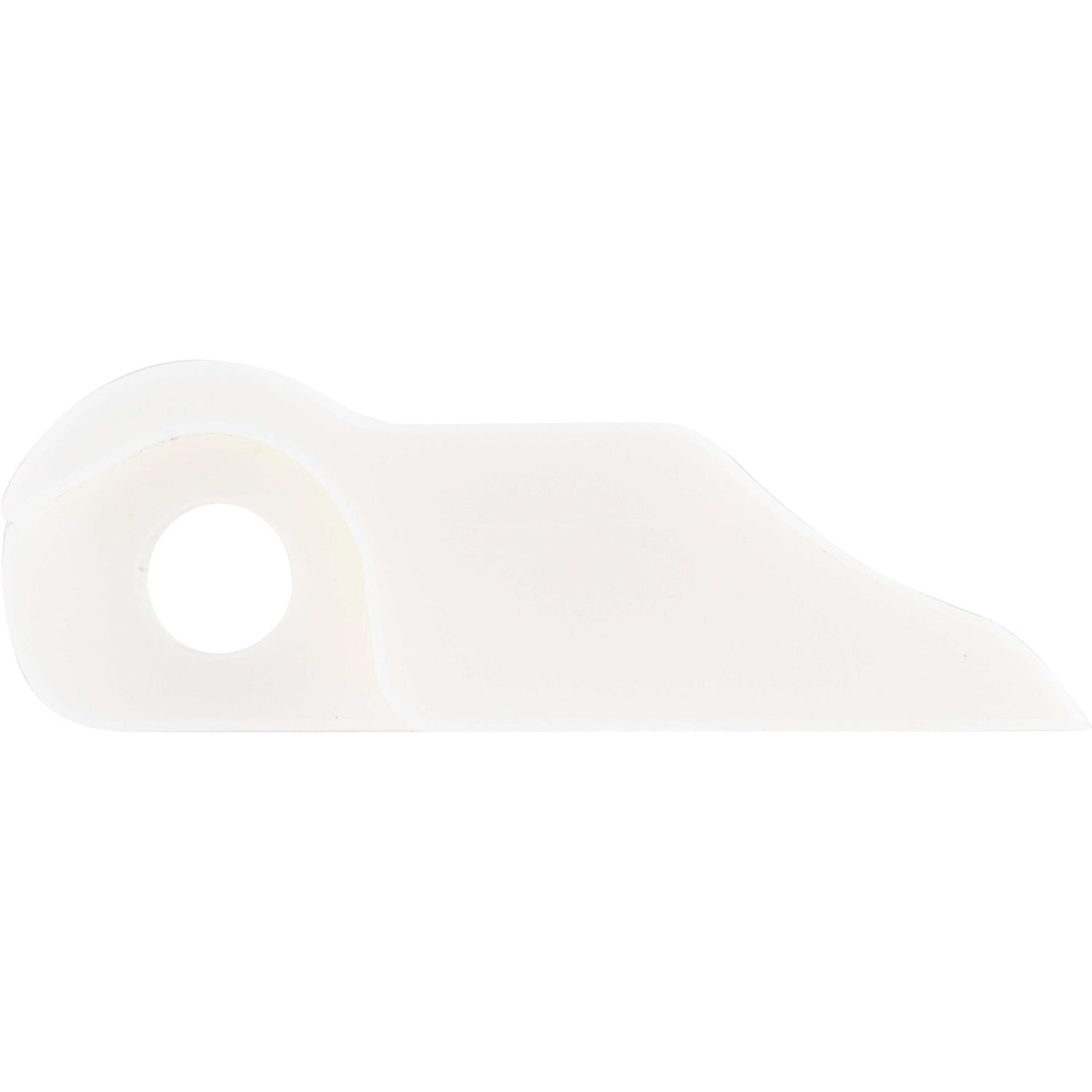 White plastic machined part with rounded edges and a through hole used for mounting. Part shown on white background.