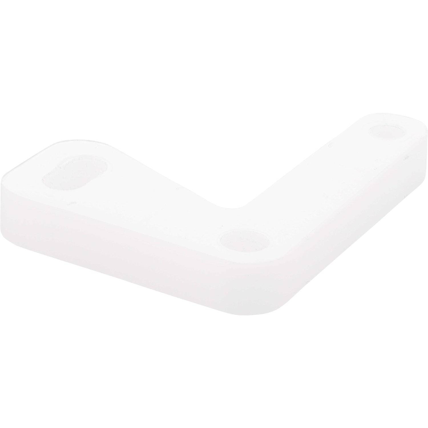 White L shaped plastic part with three holes cut into it for mounting purposes. Part shown on white background. 