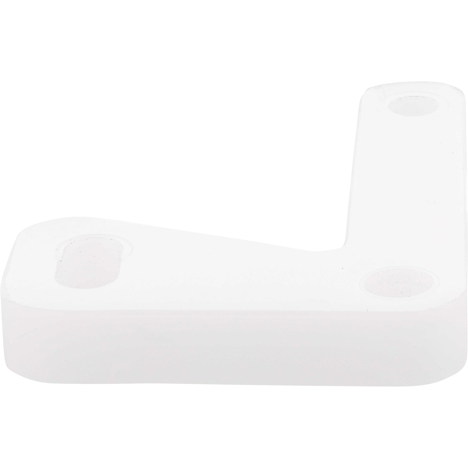 White L shaped plastic part with three holes cut into it for mounting purposes. Part shown on white background.