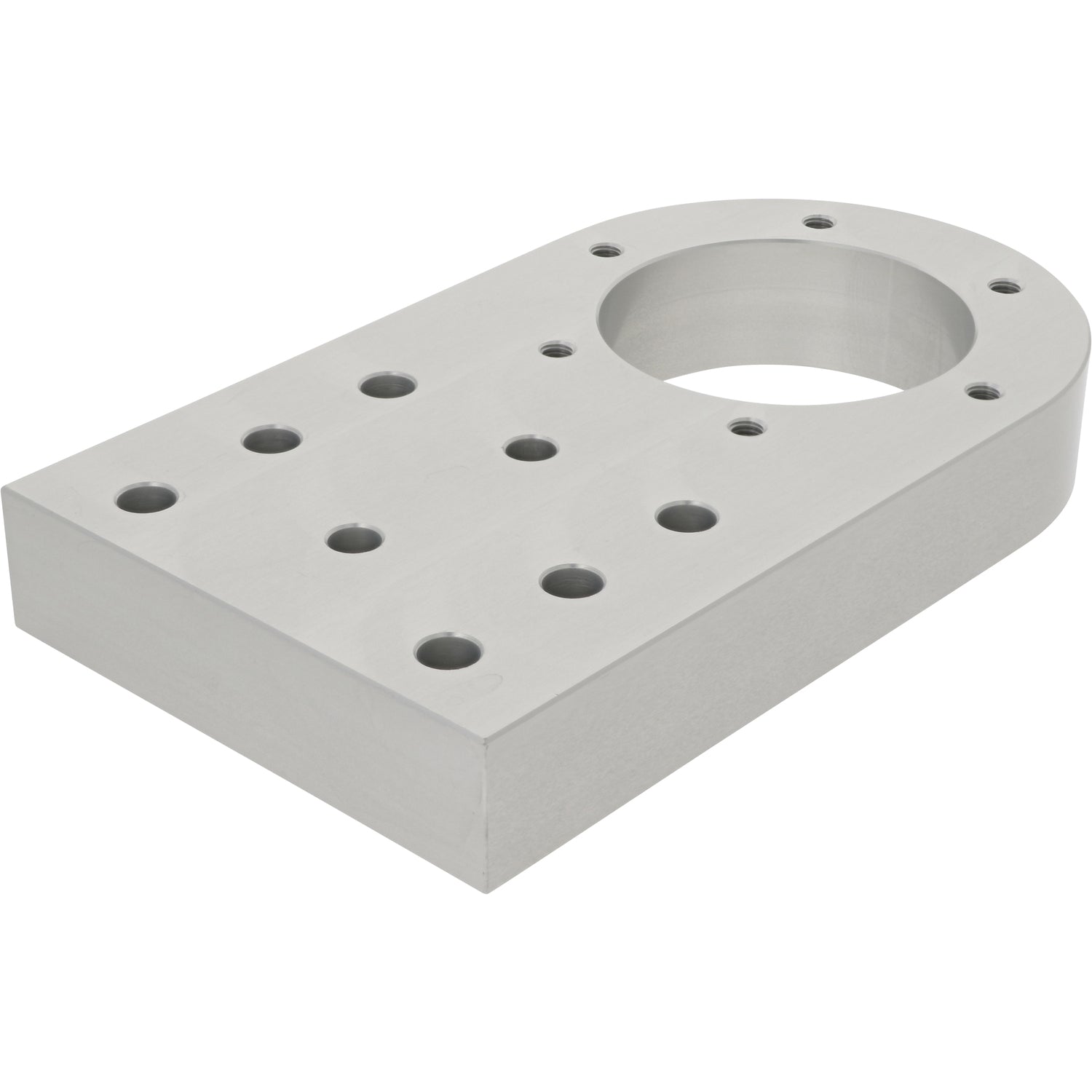 Machined aluminum part with multiple mounting holes. Part shown on white background. 