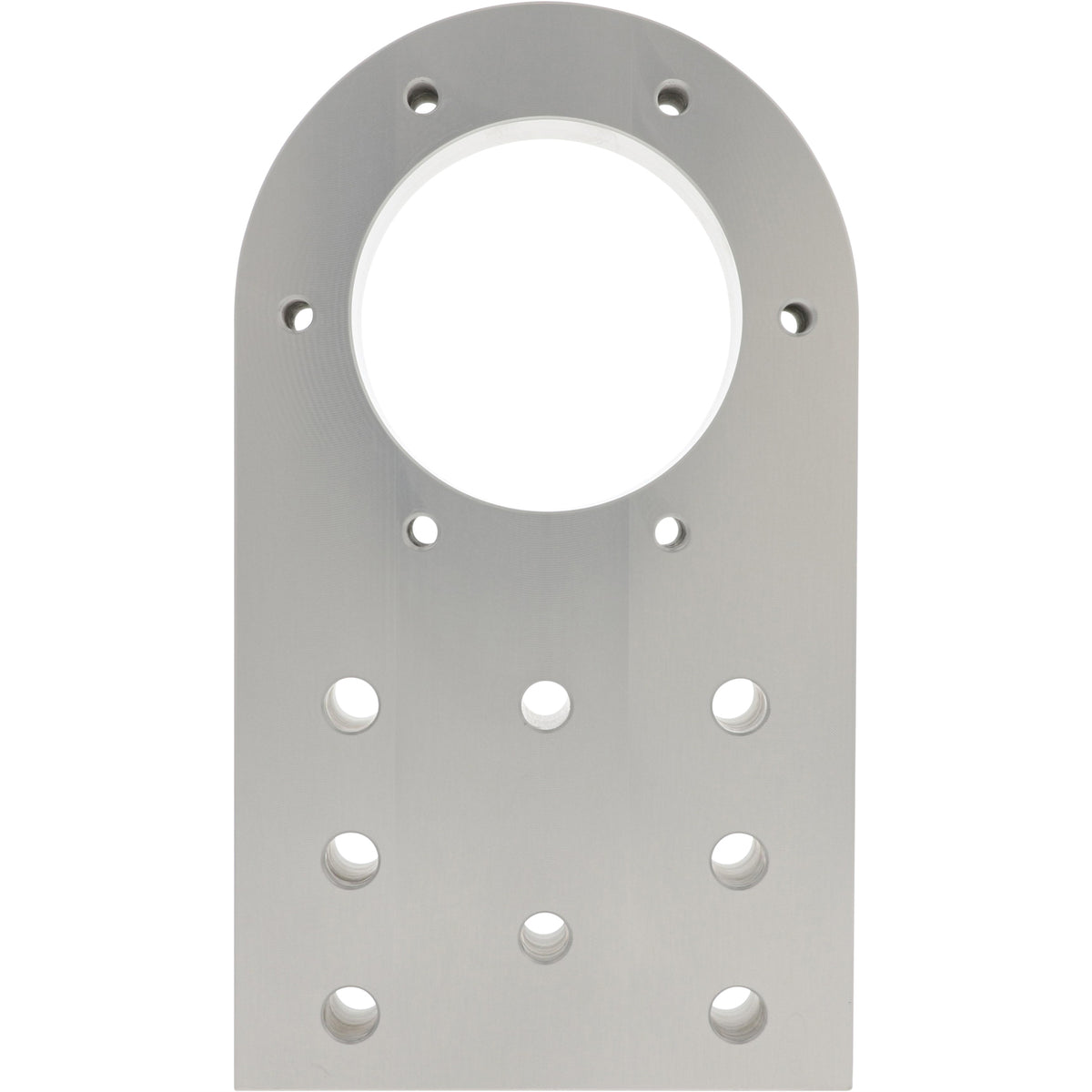 Machined aluminum part with multiple mounting holes. Part shown on white background.