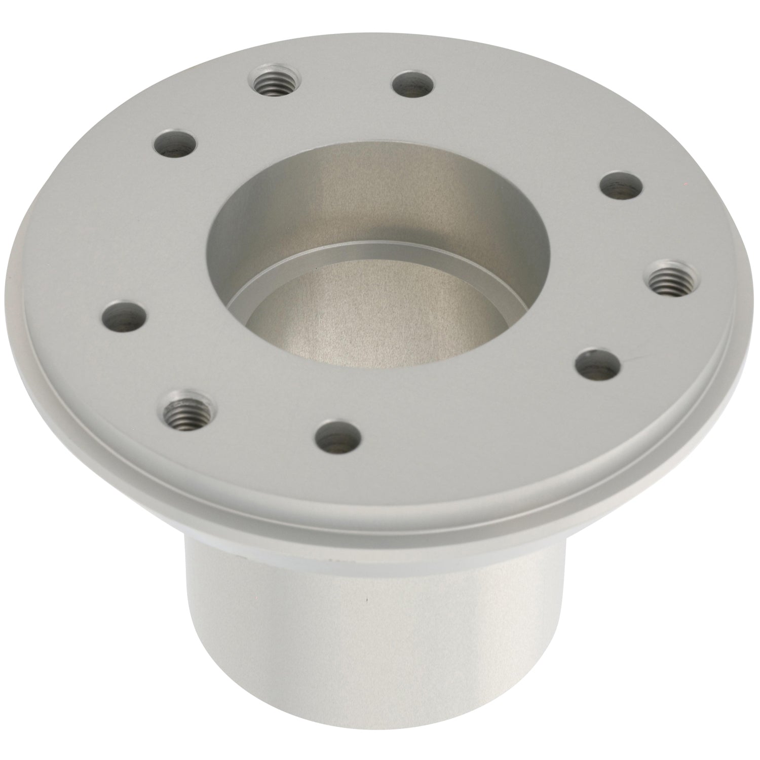 Aluminum bearing carrier with multiple threaded mounting holes shown on white background. 