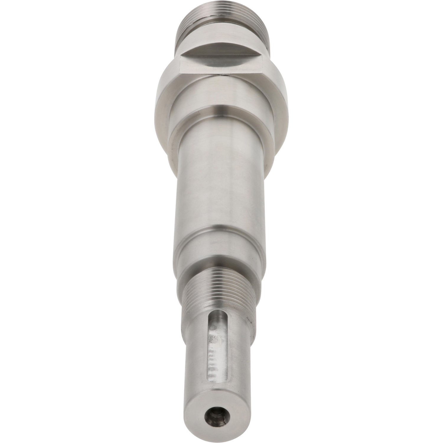 Stainless steel seamer motor drive shaft on white background. 