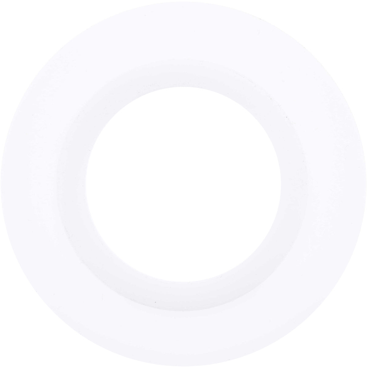 Circular white plastic part with center hole. Part shown on white background.