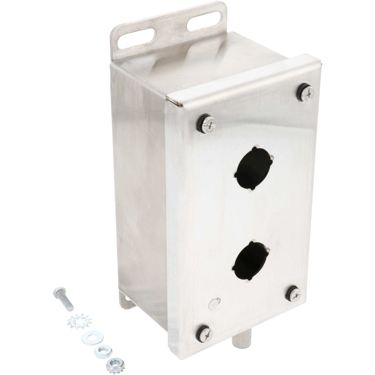 Rectangular stainless steel box with four screws in each corner of the cover plate and two through holes used to mount push buttons. An assortment of fasteners are shown next to the box. These parts are shown on a white background. 