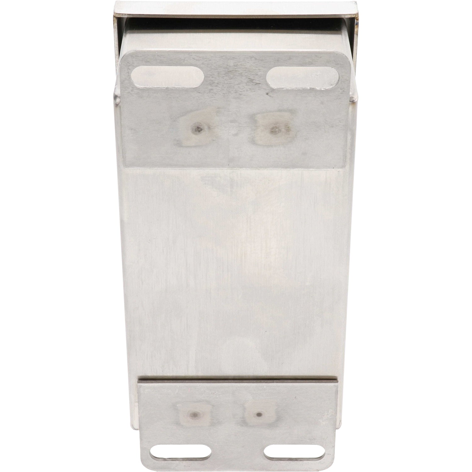 Backside of rectangular stainless steel box with four slotted mounting holes, shown on a white background. 