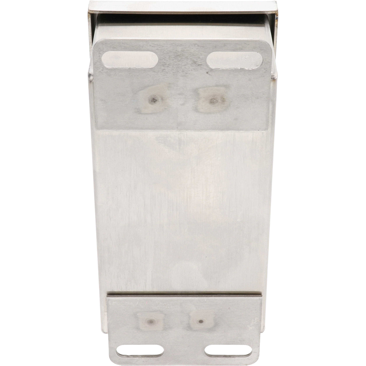Backside of rectangular stainless steel box with four slotted mounting holes, shown on a white background. 