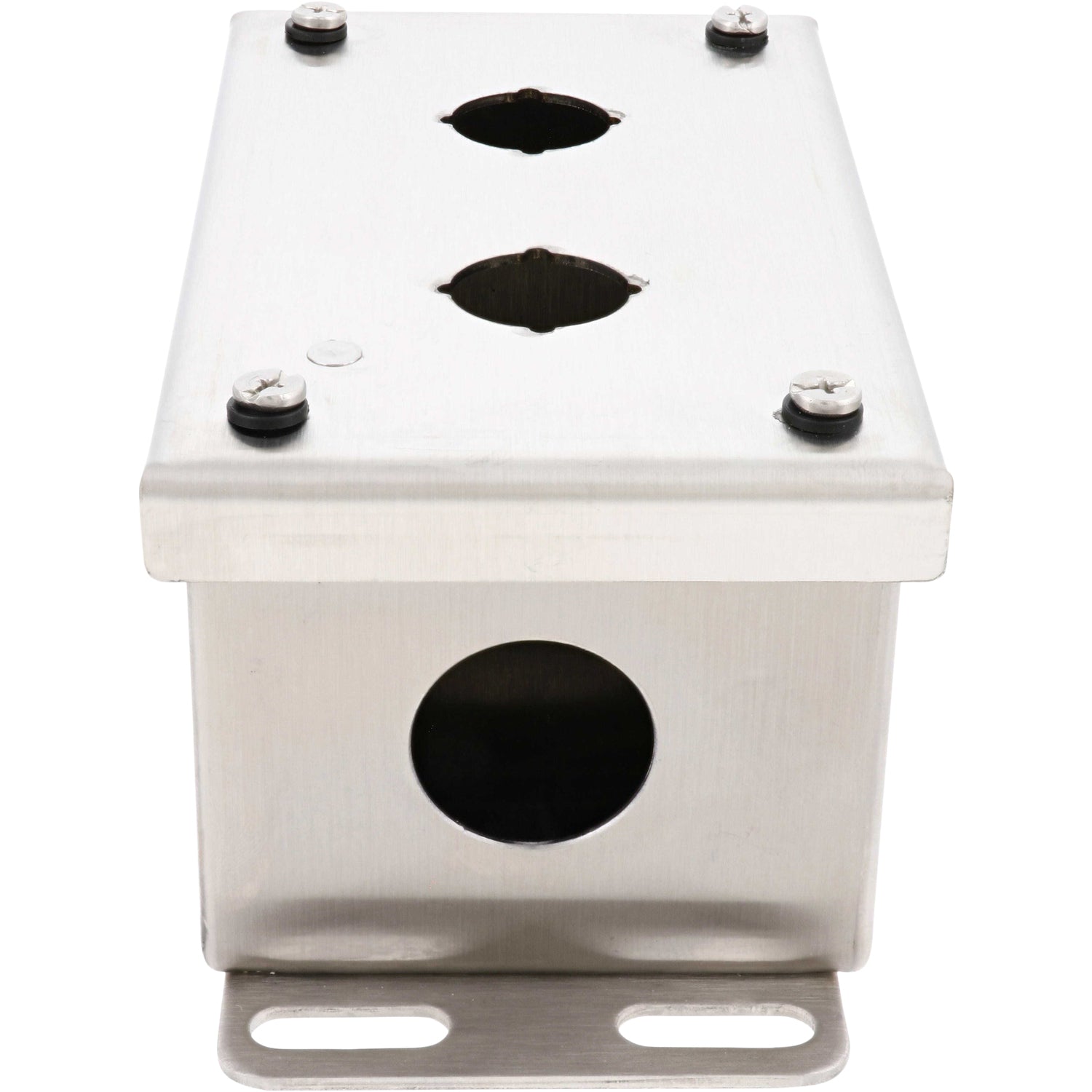 Rectangular stainless steel box with four screws in each corner of the cover plate and two through holes used to mount push buttons. An assortment of fasteners are shown next to the box. These parts are shown on a white background. 