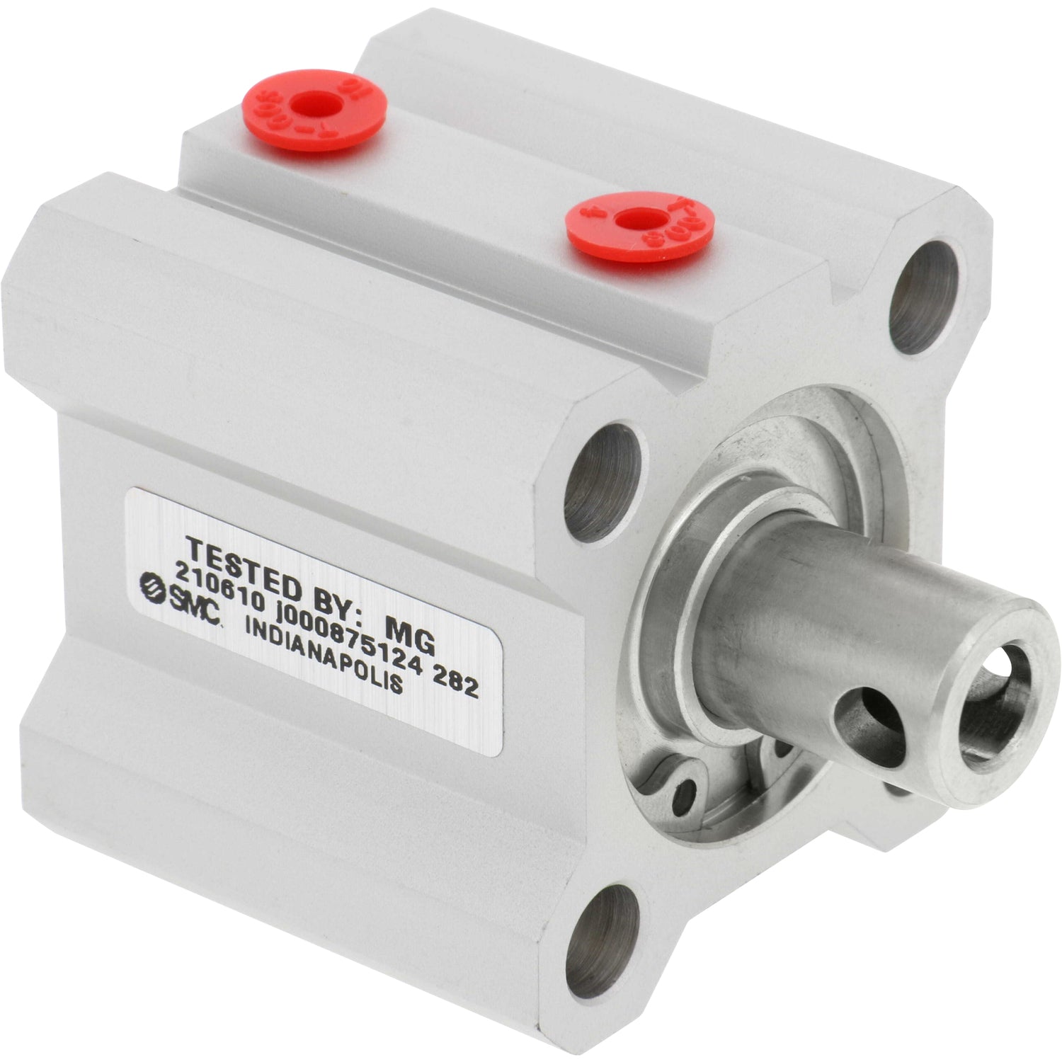 Small pneumatic cylinder with red plastic plugs pressed into threaded holes. CQ2B25-10Z-DUW02480